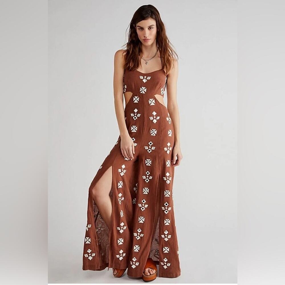 Free People Geo Daze Sleeveless Cutout Jumpsuit in Doe Eyes – Appx Size Large/XL